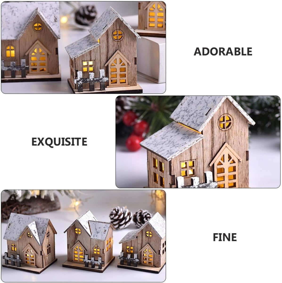 3Pcs Luminous Wood Xmas House Decor Festive Christmas Ornaments for Home Store and Restaurant and Holiday Decoration