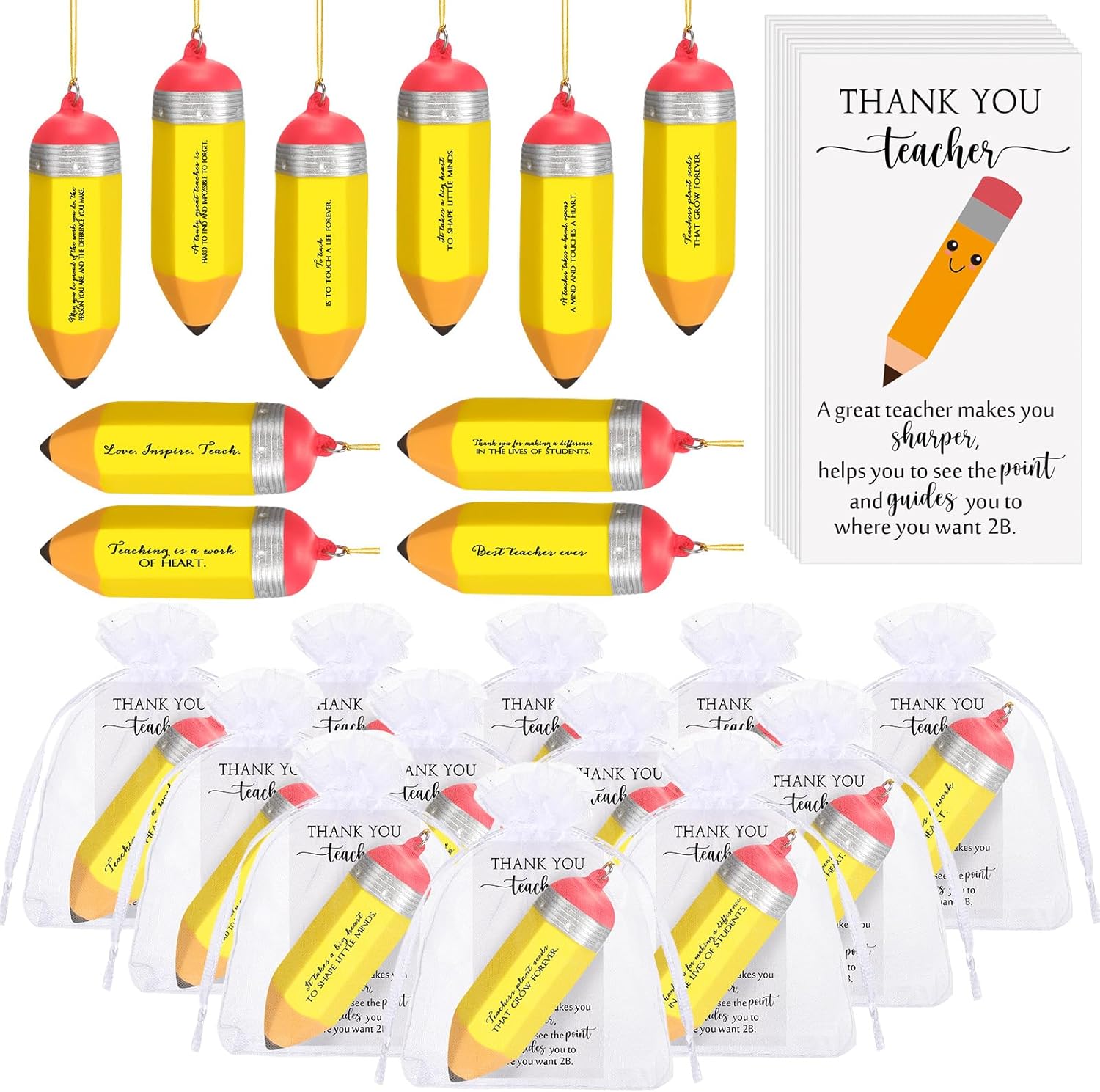 Cholemy 10 Sets Teacher Appreciation Gift Pencil Stress Ball Hanging Ornaments with Thank You Cards Organza Bag Thanksgiving Christmas Teacher's Day Gifts Stress Relief Toy for School Office Classroom