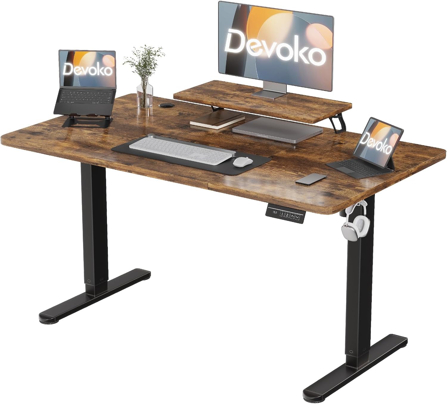 Devoko 160×70cm Electric Height Adjustable Desk, with Monitor Stand, Computer Desk, with 2 Height Memory Functions, for Bedroom, Study, Office