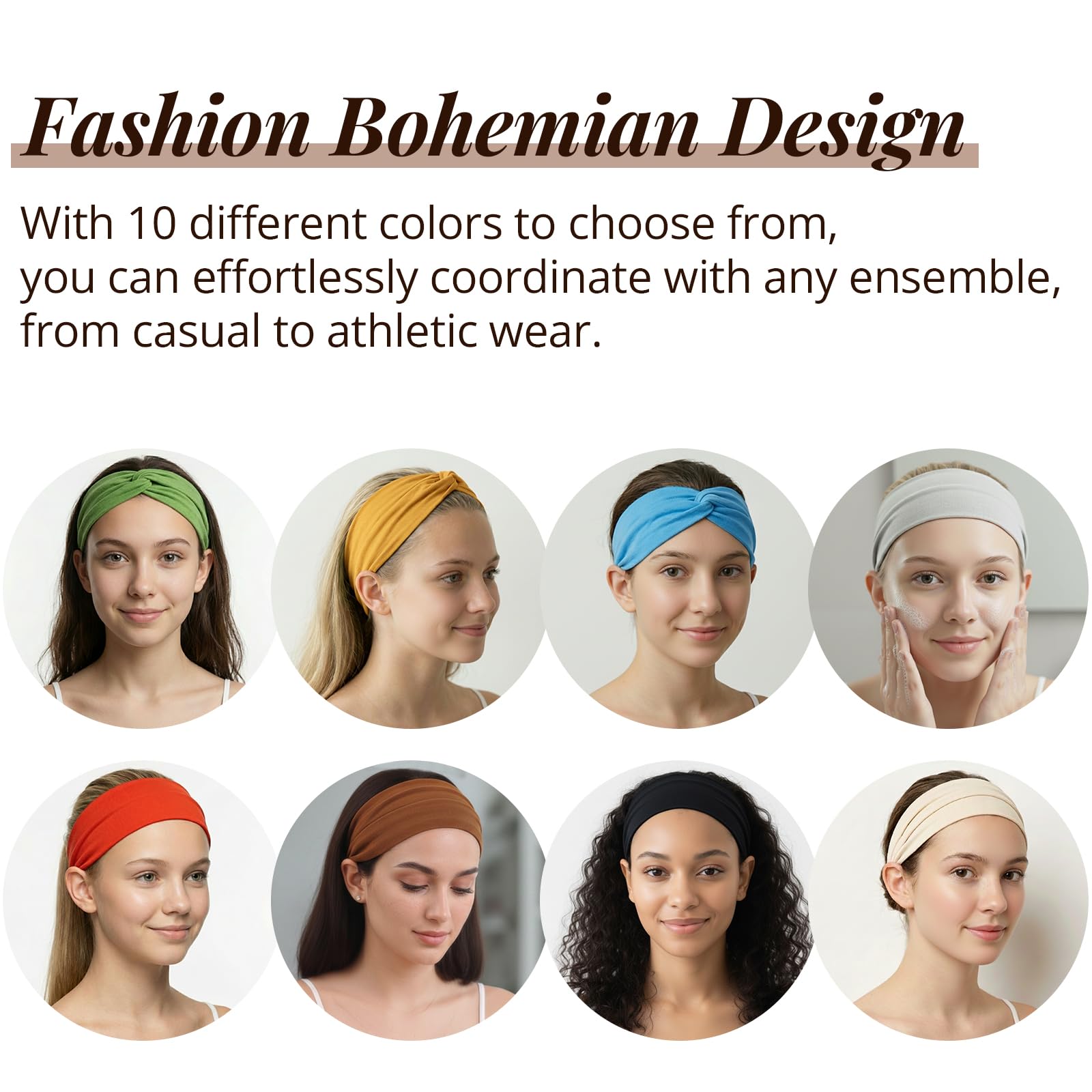 10 fasce larghe in stile bohémien, per donne e ragazze, design con nodo attorcigliato, set di grandi fasce per capelli, per sport, allenamento, yoga
