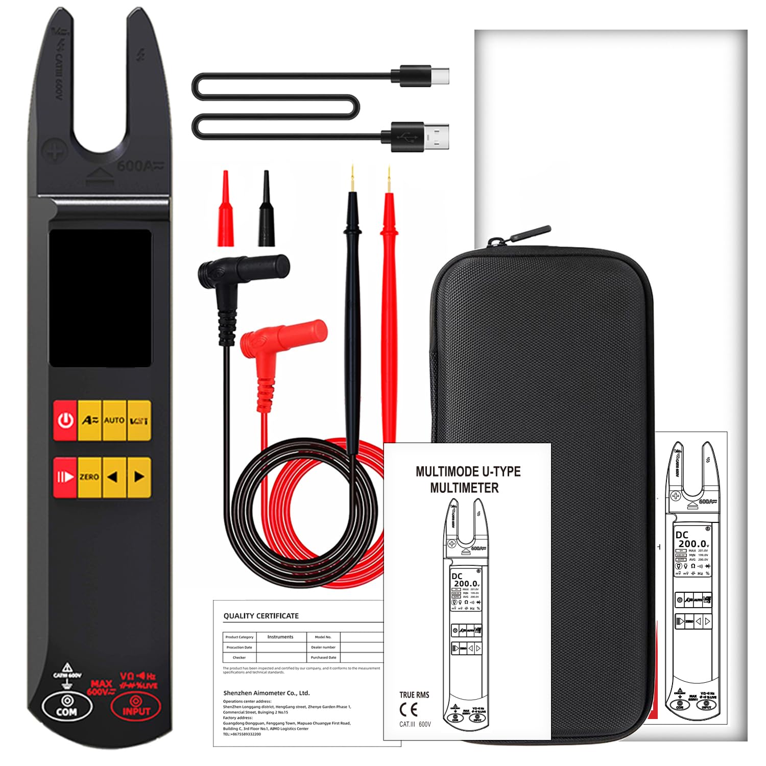 Contents of the BSIDE Clamp Meter package including meter, leads, cable, case, and manual
