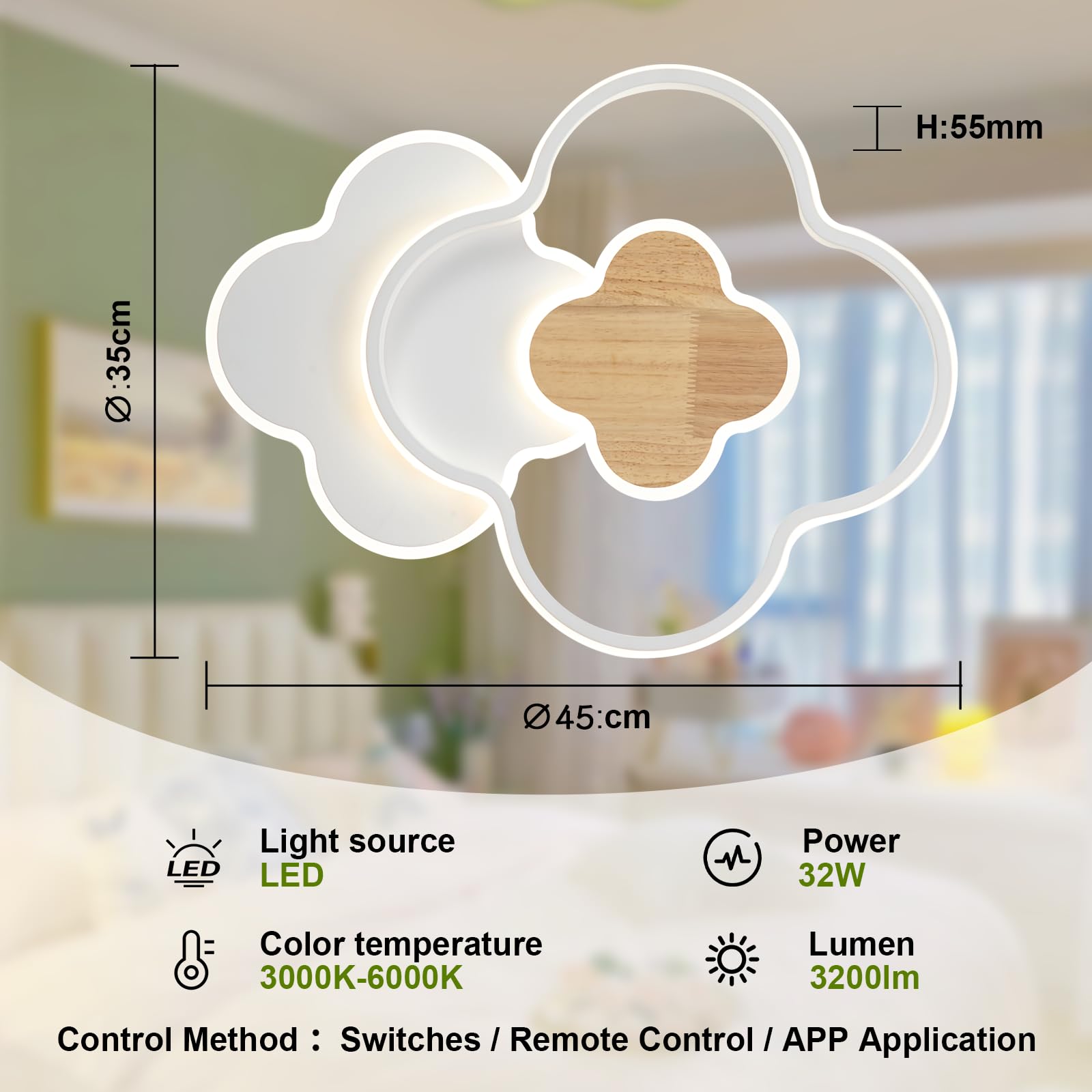 Lampadario Cameretta Bambina Plafoniera Led Soffitto, Telecomando 3000-6000K Lampadario kreative Quadrifoglio Cameretta, Lampade Cameretta Bambina Soggiorno Camera da Letto Bambino (45CM)