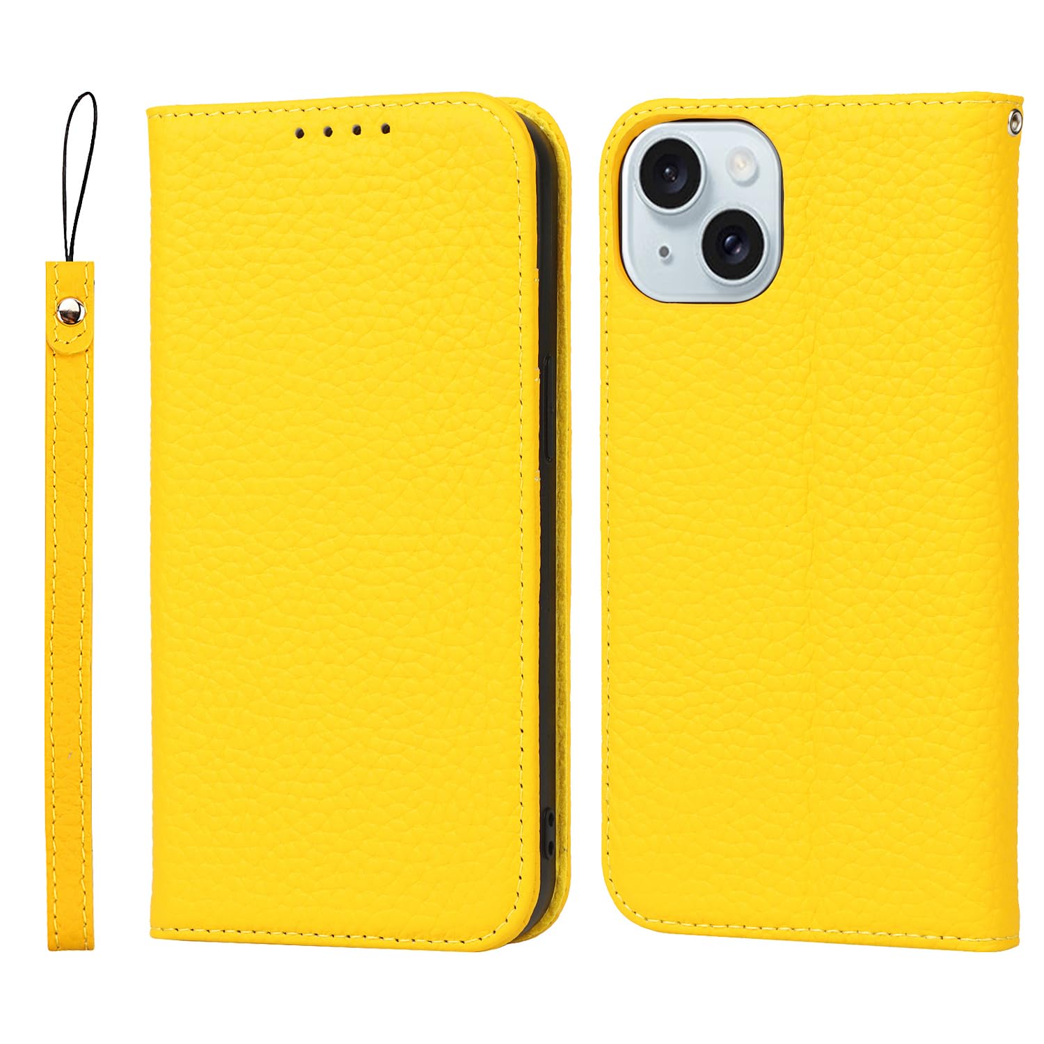 iCoverCase for iPhone 15 Wallet Case with Credit Card Holder and Wrist Strap, RFID Blocking Genuine Leather Flip Magnetic Cell Phone Cover Case for iPhone 15 6.1 Inch (Yellow)