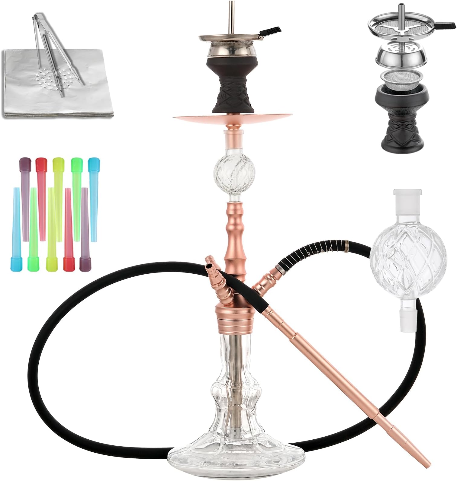 Multifunctional Hookah Set,Premium Shisha Hookah Set with Glass Vase Silicone Hose Ceramic Hookah Bowl(Gold)