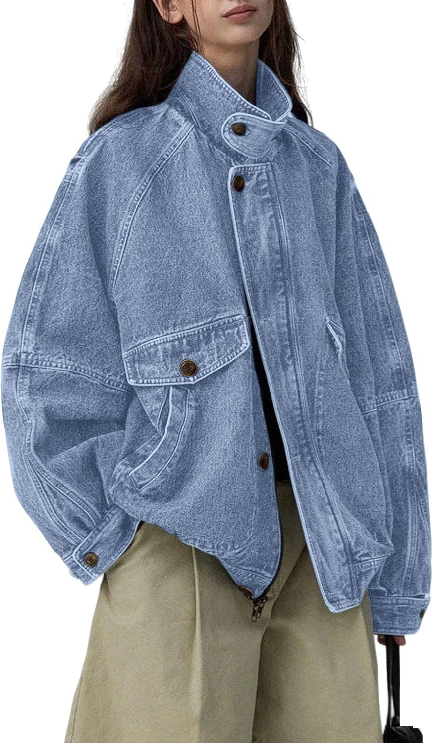 loveimgs Women Oversized Jean Jacket Zip Up Denim Trucker Jacket Boyfriend Pilot Coat Y2k Baggy Jean Jackets Fall Outwear