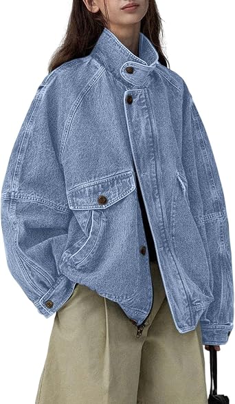 loveimgs Women Oversized Jean Jacket Zip Up Denim Trucker Jacket Boyfriend Pilot Coat Y2k Baggy Jean Jackets Fall Outwear