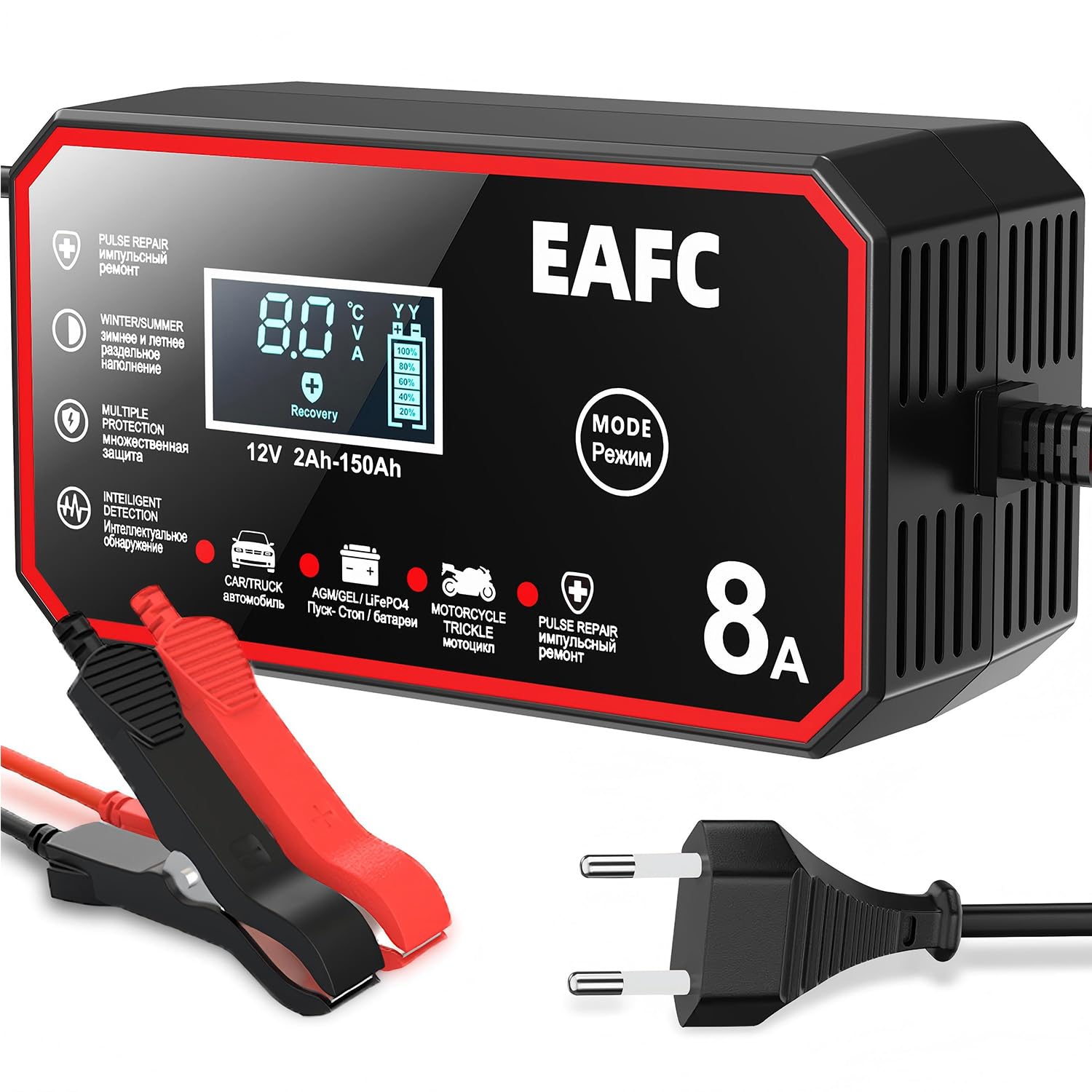 EAFC 8A 12V Auto Batterie Ladegerät Puls Erhaltungsladegerät Autobatterie Ladegerät Mit Temperaturkompensation LCD-Bildschirm Reparaturmodus für KFZ Moto AGM Gel EFB Blei Säure LiFePO4 Batterie