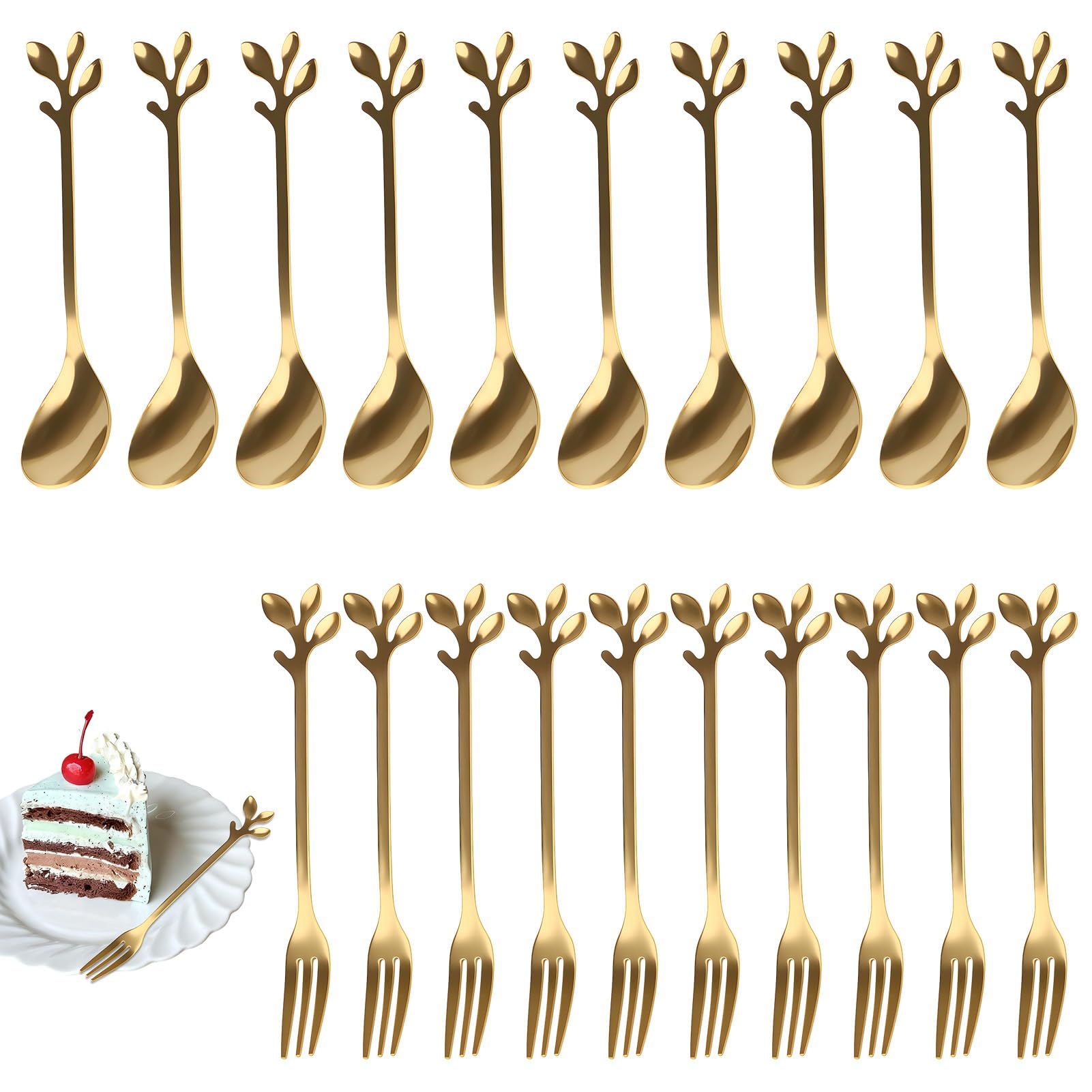 20 Pcs Gold Leaf Coffee Spoons and Forks Set, 4.7" Elegant Stainless Steel Mini Dessert Spoons and Forks for Stirring Mixing Tea, Espresso, Ice Cream, Cake, Ideal for Home, Gift Giving
