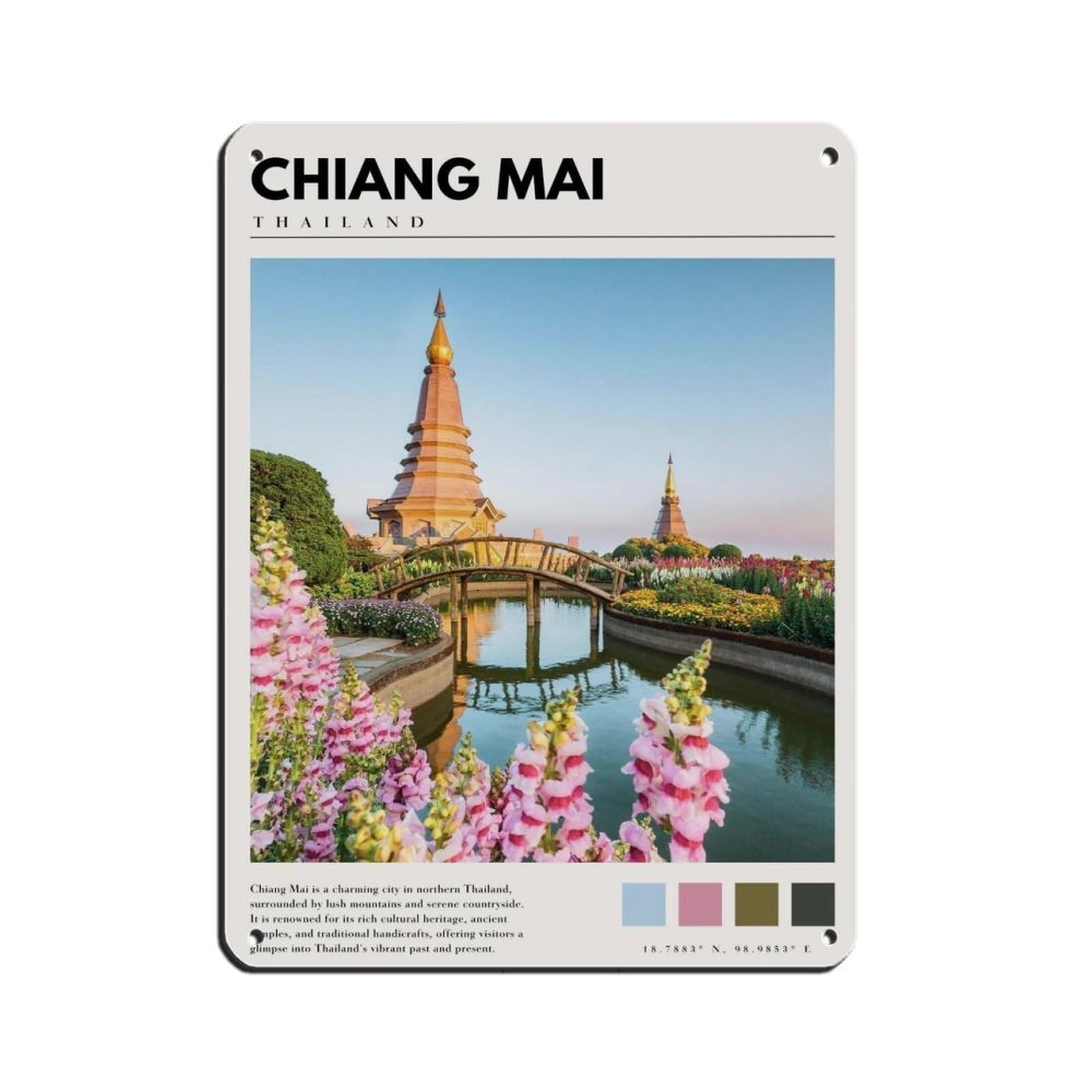 Chiang Mai Thailand Poster Chiang Mai Art Retro Poster Metal Tin Sign Chic Art Retro Iron Painting Bar People Cave Cafe Family Garage Poster Wall Decoration 12x16inch(30x40cm)