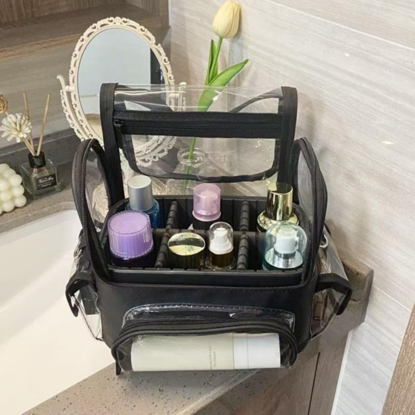 Trousse Toilette Transparente Gran Taille Trousse Maquillage Transparente Portable Sac Toilette en PVC pour urs, Array, Argenté, 27×17×22CM