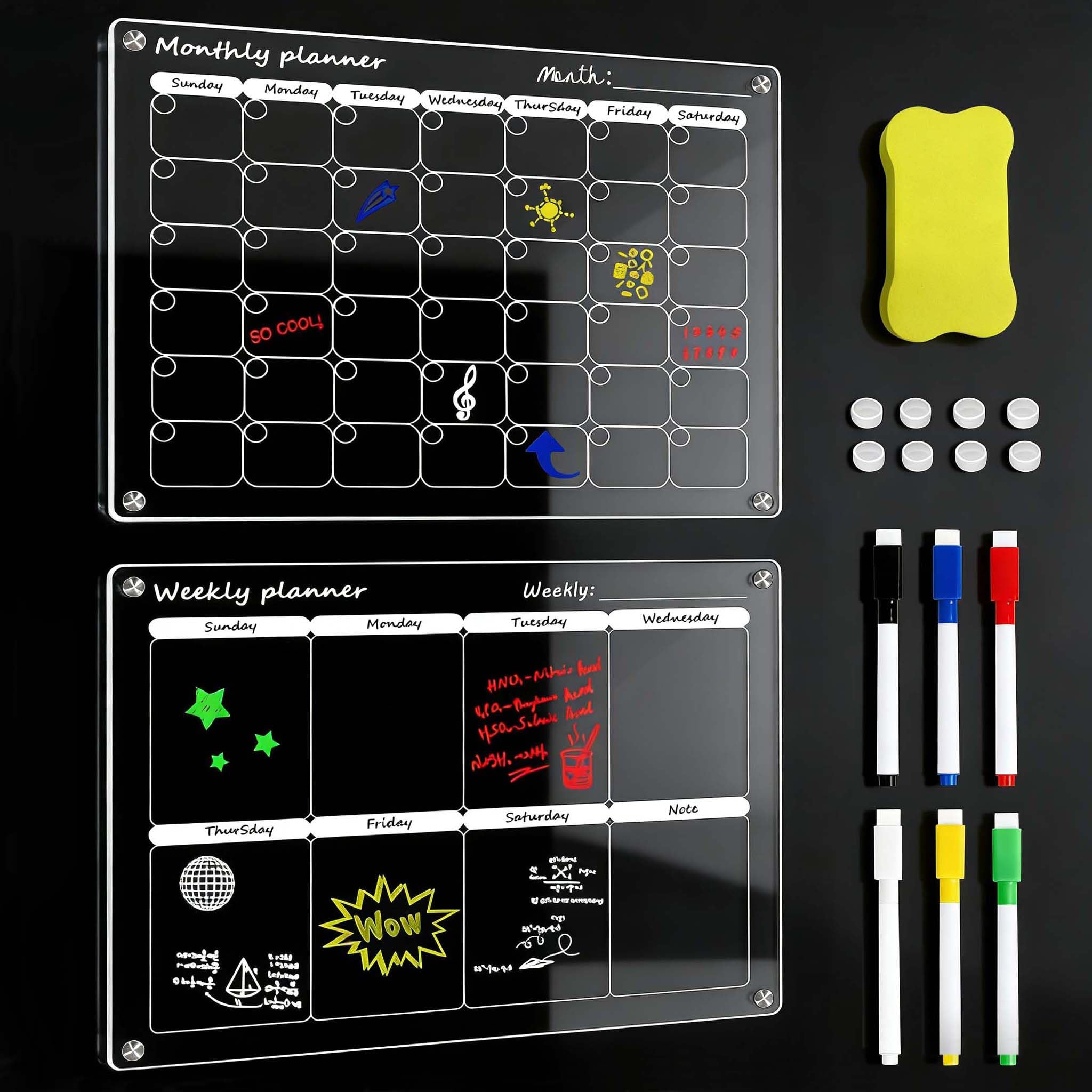 2 pezzi di calendario magnetico in acrilico, lavagna riutilizzabile per il frigorifero, chiara agenda familiare con gomma a secco magnetica, 6 pennarelli per pasti, menu, spesa, promemoria