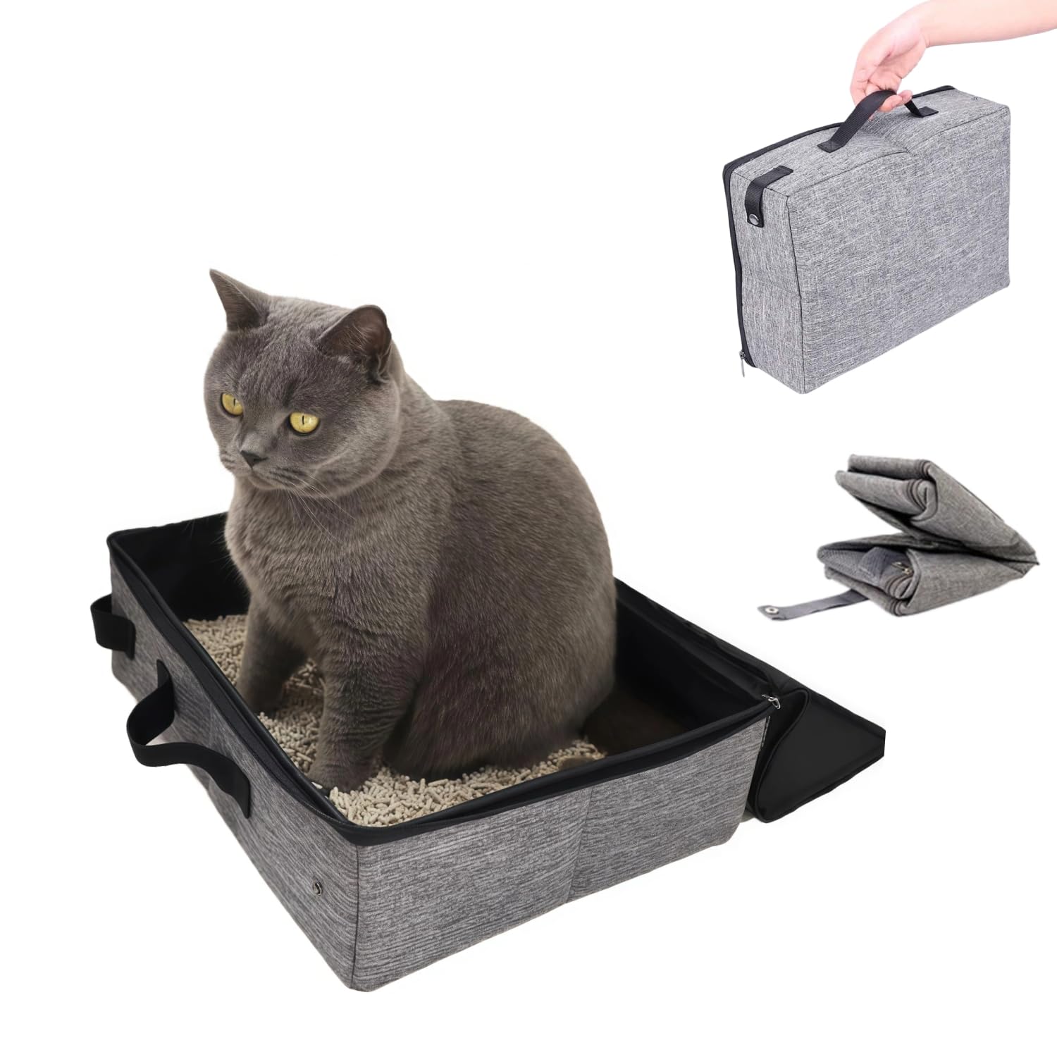 Arenero plegable para gatos portátil de viaje Tapa plegable Bandeja de arena para gatos impermeable portátil Viaje Útil Mascotas Usado Cremallera Gato - Gris