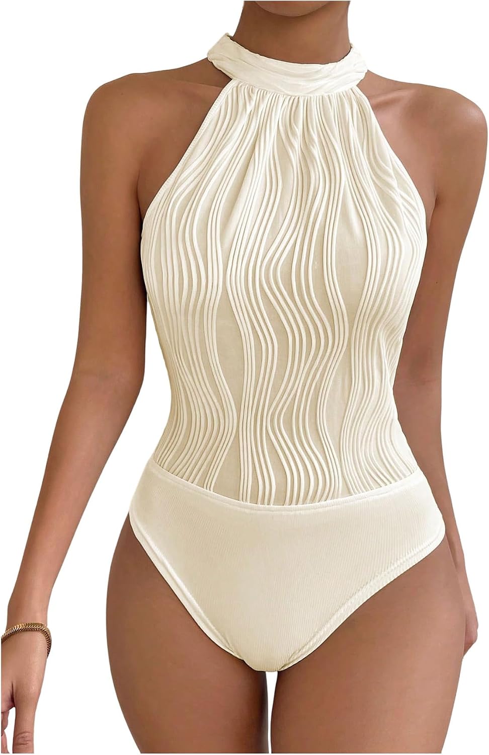 GORGLITTER Women's Textured Halter Bodysuit Sleeveless Tummy Control Slimming One Piece Body Suit Tops