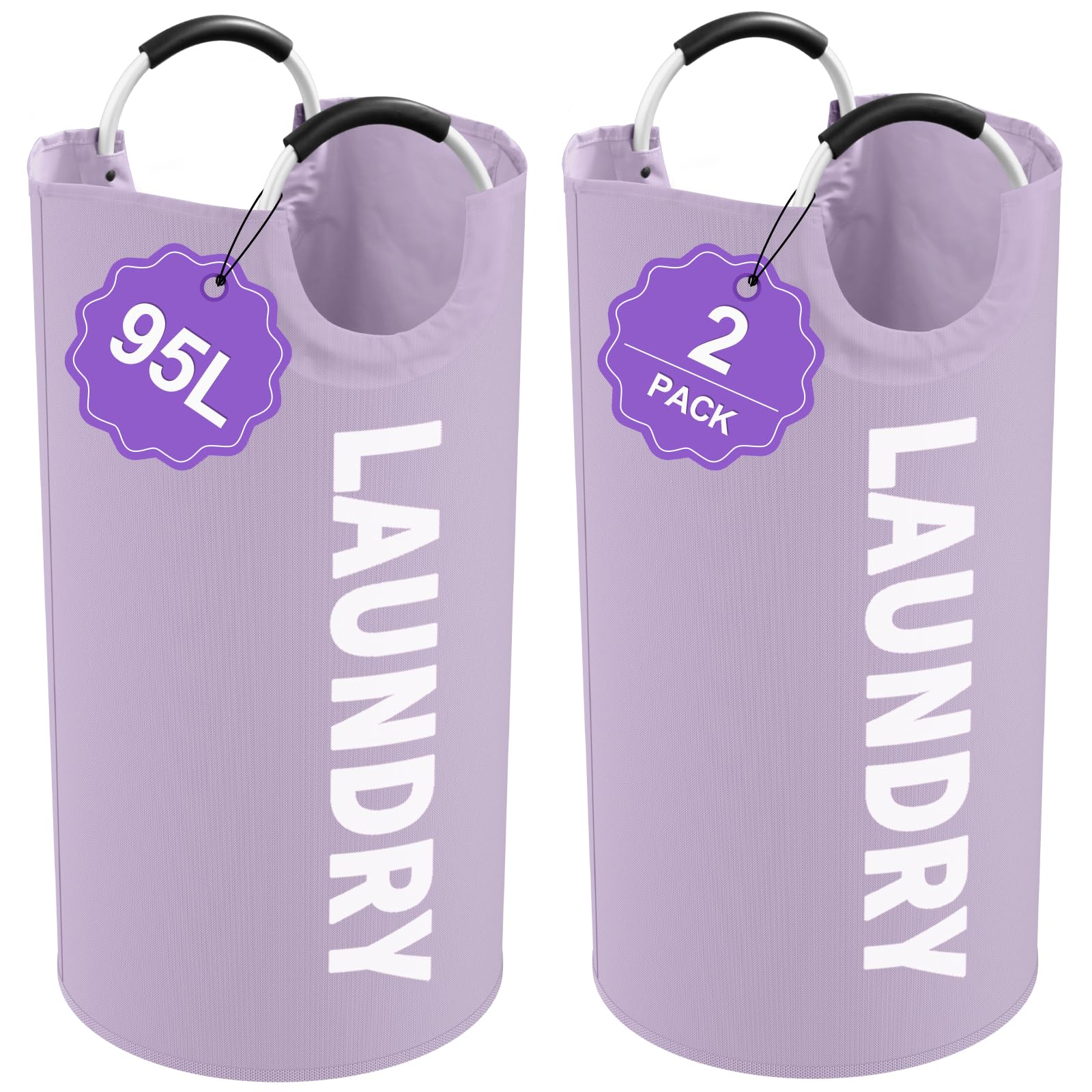 2Pack 95L Purple Collapsible Laundry Basket for Students, Large Laundry Hamper with Handles, Portable Dirty Clothes Hamper, 600D Oxford Fabric Storgae Basket for Bathroom, Dorm