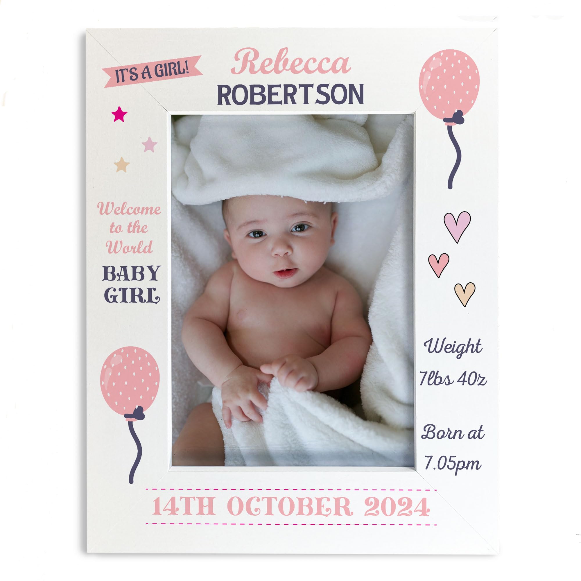 Personalised Baby Girl Photo Frame With Birth Details and Cute Design New Baby Gift Nursery Photo Frame Baby Photo Frame Gift For New Mummy Daddy Keepsake (Design 2)