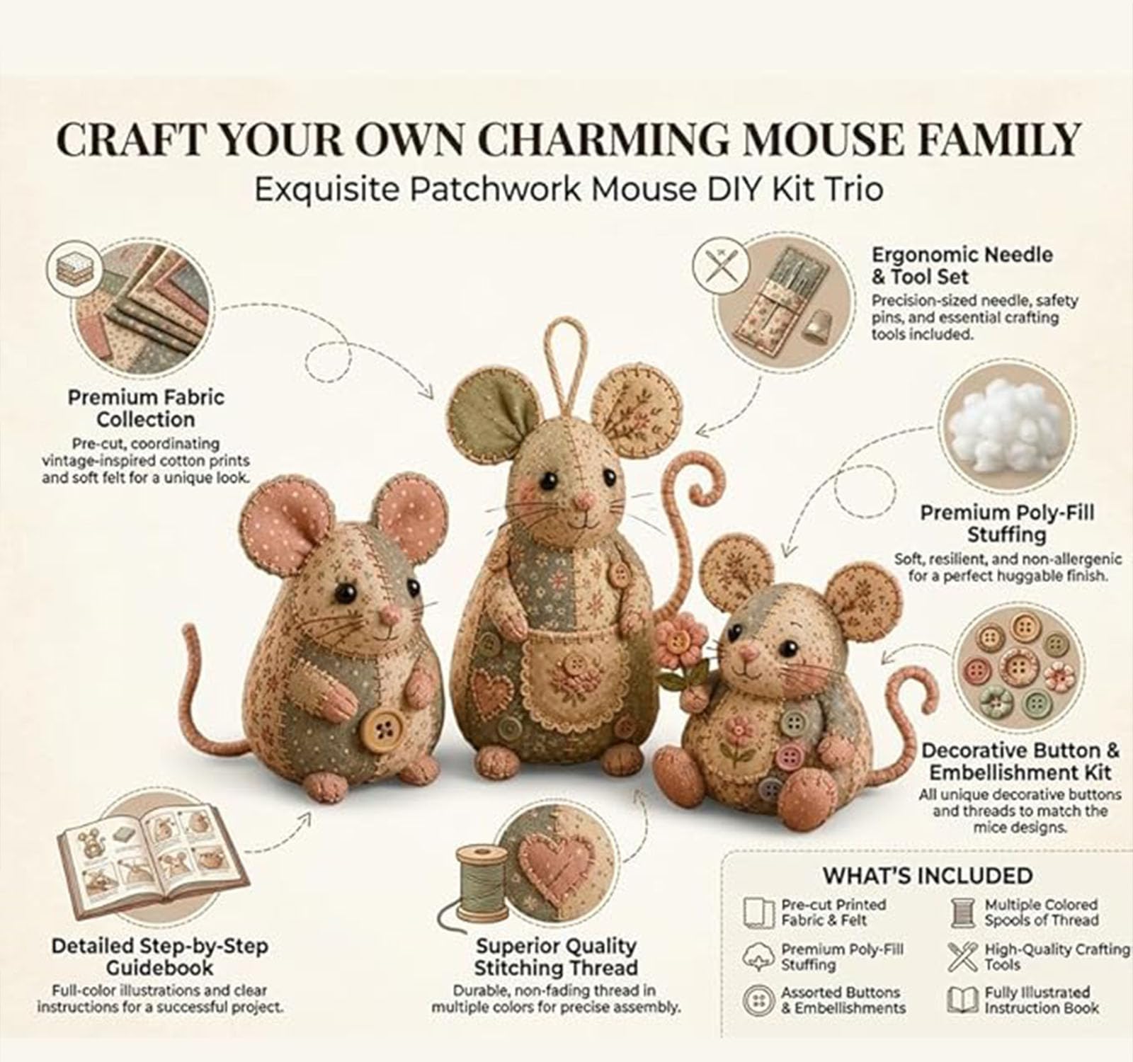 Kit de bricolaje de ratón de patchwork, lindo kit de bricolaje de adorno de ratón, con tela floral, relleno, botones, juego de manualidades de costura hecho a mano, para adultos, principiantes (3SET)