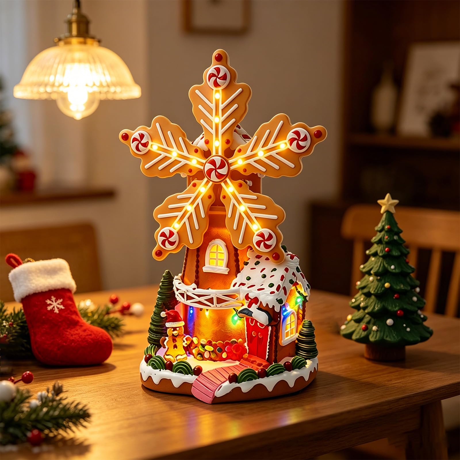 PANGBOER Decoración navideña de Candy House con diseño de Molino de Iluminado, decoración de navideña para repisa, Escritorio, Estante y Centro de de Fiesta Decoración Festiva con diseño de de