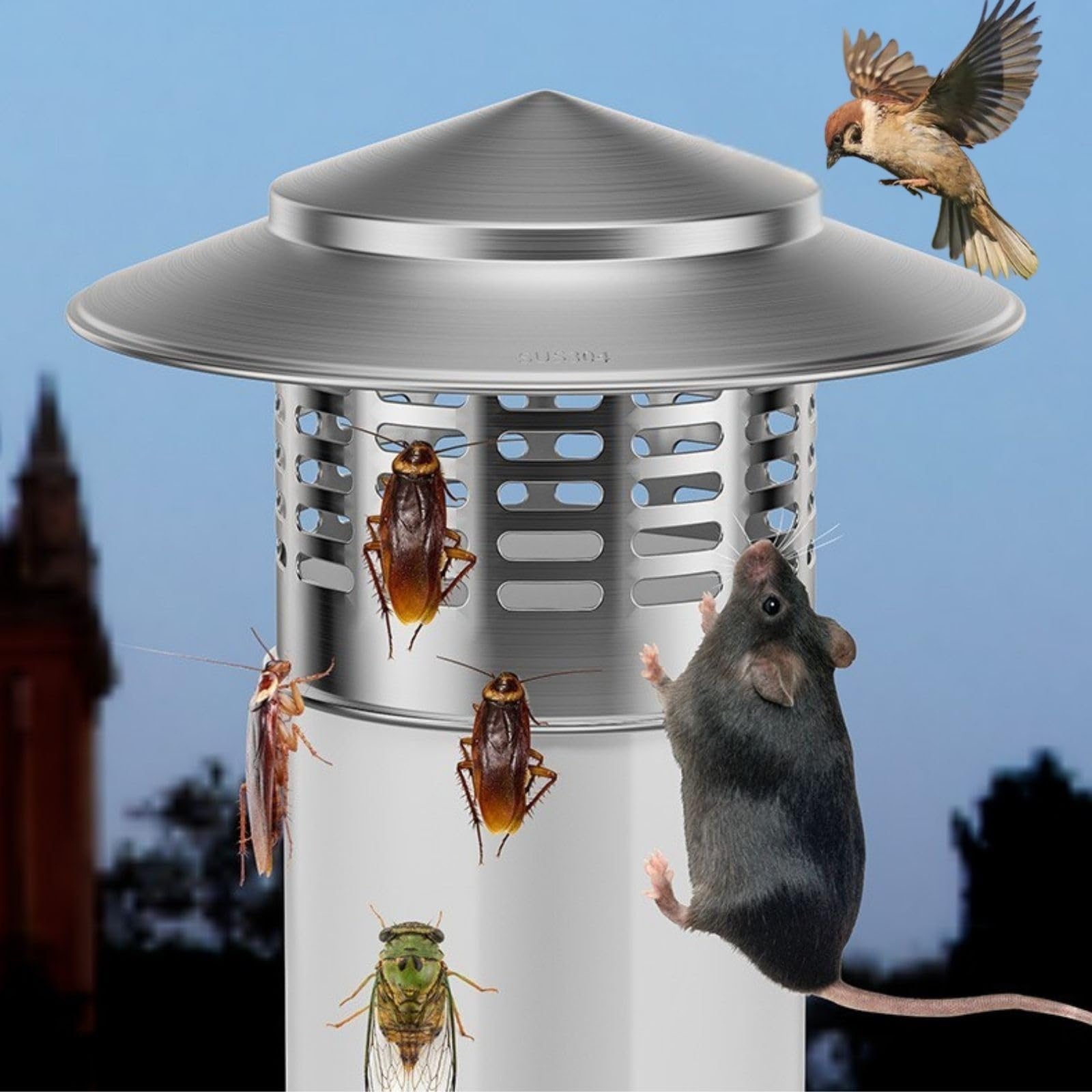 GKSNCJSMF Chimney Cap,Stainless Steel Roof Cowl with Screws,110mm 160mm 200mm 250mm 300mm Chimney Cowl Bird Guard, Round Vent Grille Rain Cover for Flue, Stove Pipe(110mm/4.33in)