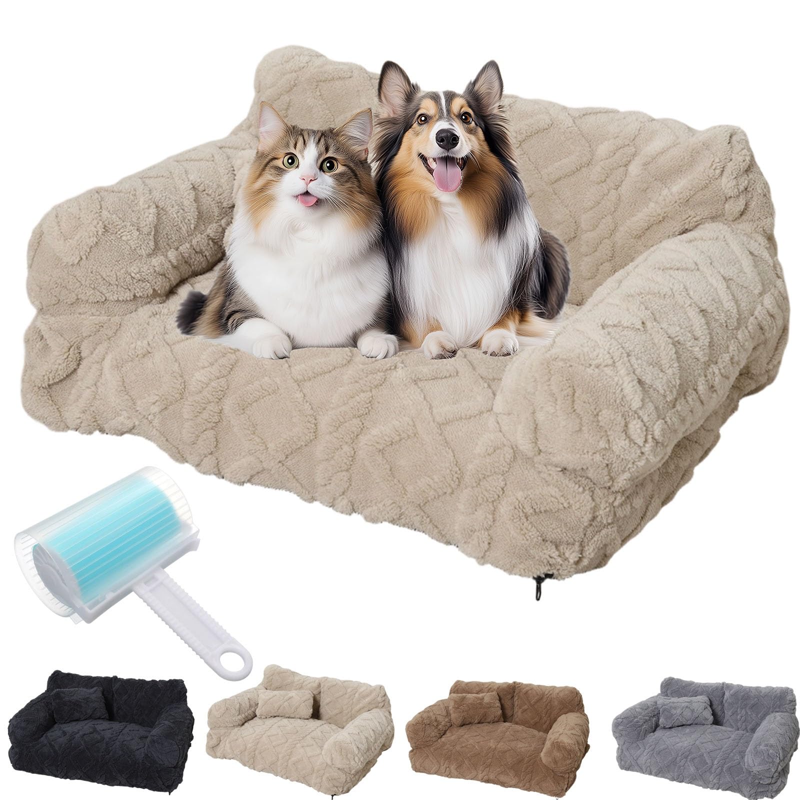 Kidlupe Plush Calming Pet Sofa Bed, Orthopedic Dog Bed for Large Medium Small Dogs, Calming Pet Sofa Beds with Removable Washable Cover, Anti-Anxiety Fluffy Plush Dog Couch(Beige,XL)