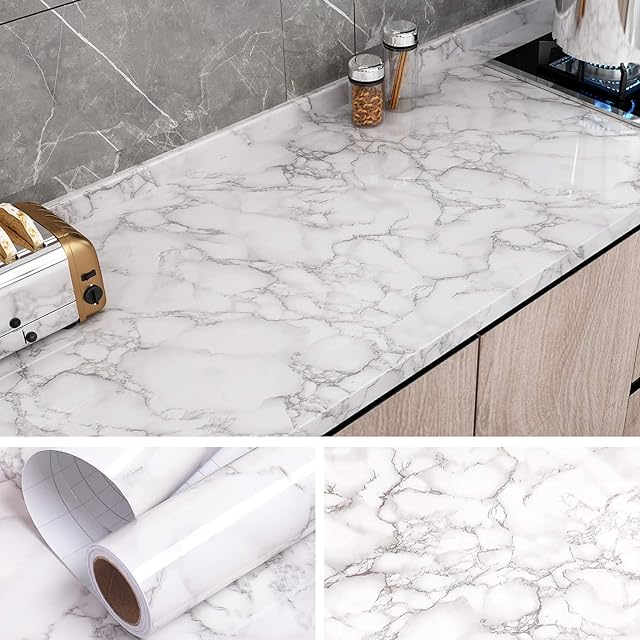 VEELIKE Sticky Back Plastic Roll Marble Wallpaper Self Adhesive Worktop Covering 40cm x 300cm Marble Effect Contact Paper White and Grey Washable Film for Kitchen Bedroom Living Room