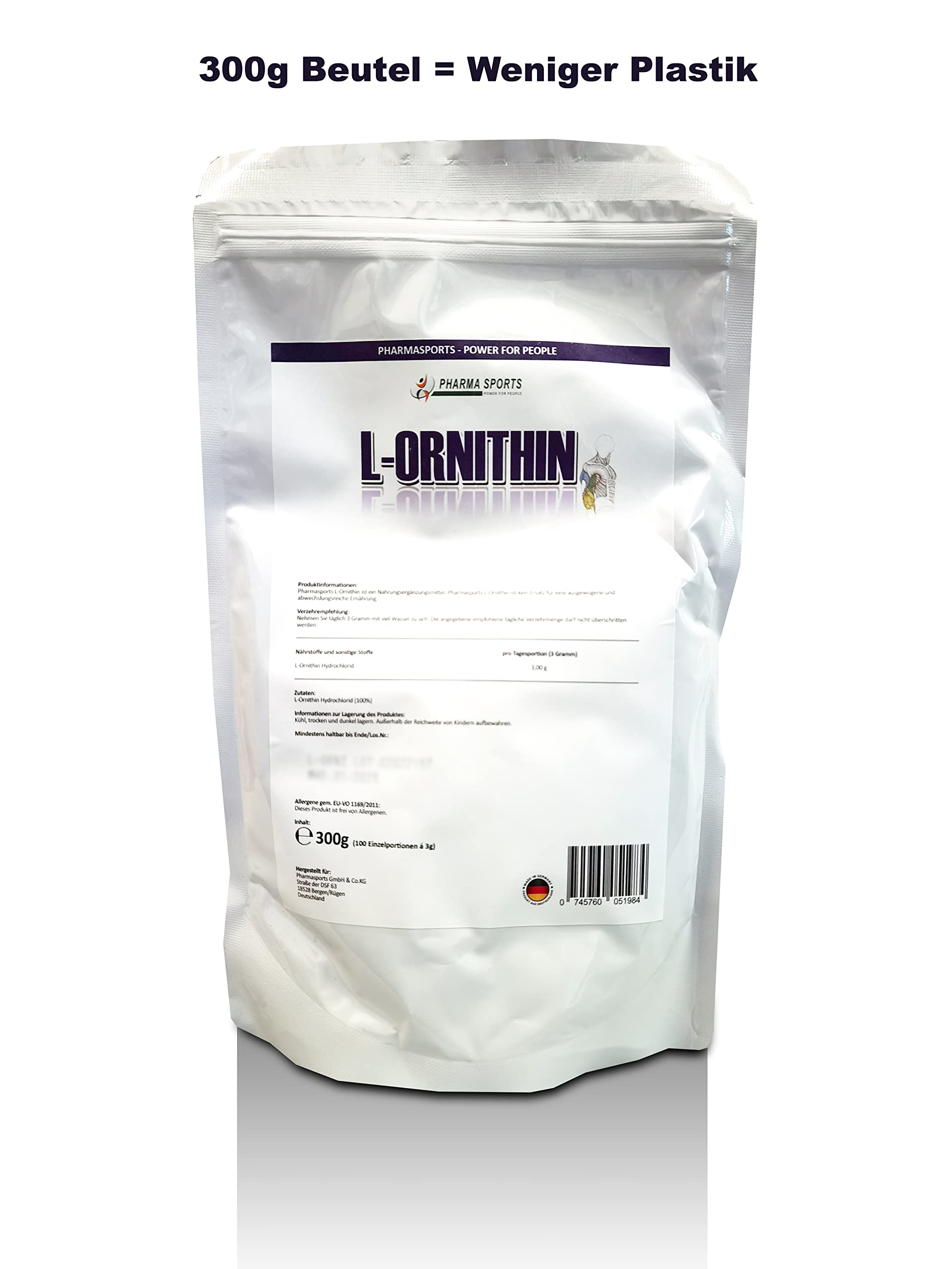 L-Ornithin Pulver 300g - PREMIUM Qualität | PREMIUM Qualität, pflanzliche Fermentation, Menge wie 600 Kapseln à 500mg