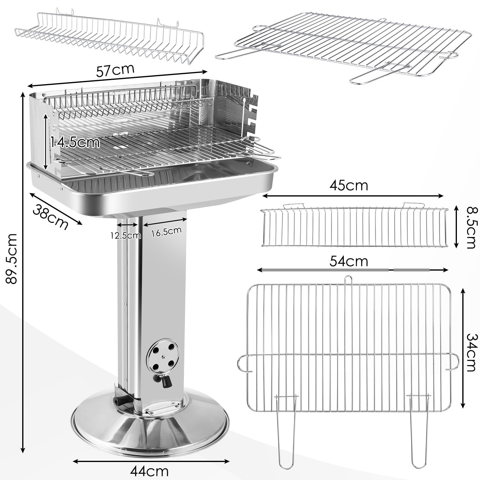 TLGREEN 57*38*90 cm Barbecue à charbon de bois en acier inoxydable, Outdoor | Hauteur réglable en 5 directions, Barbecue à colonne avec grille de chromée, Cendrier et ventilation,BBQ,Plage,Jardin,Camping