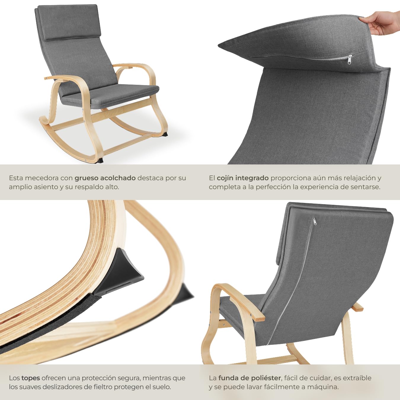 tectake® Mecedora Roca de Madera de Abedul 150kg, Silla Mecedora, Oscilante, Sillón Ergonómico para Balanceo - Gris Claro