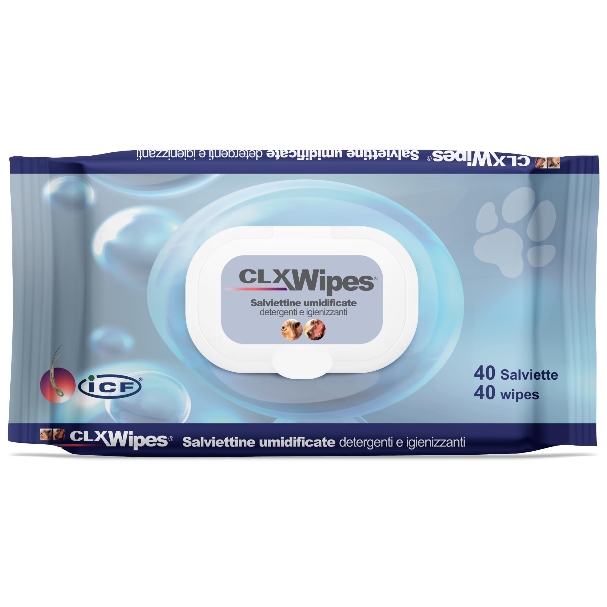 ICF | CLX Lingette Chien | Lingettes Nettoyantes, Assainissantes et Hydratantes pour Chien et Chat | Nettoyage quotidien des pattes, des plis cutanés, et des espaces interdigités | 40 lingettes