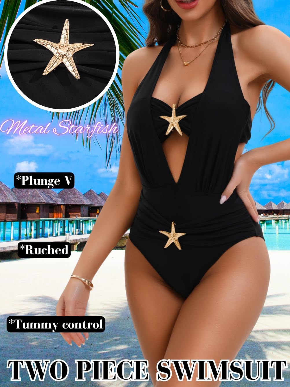 Kaei&Shi Starfish Halter Swimsuit,Sexy Bandeau Top & Cheeky Bathing Suits,Tummy Control Swimsuits for Women