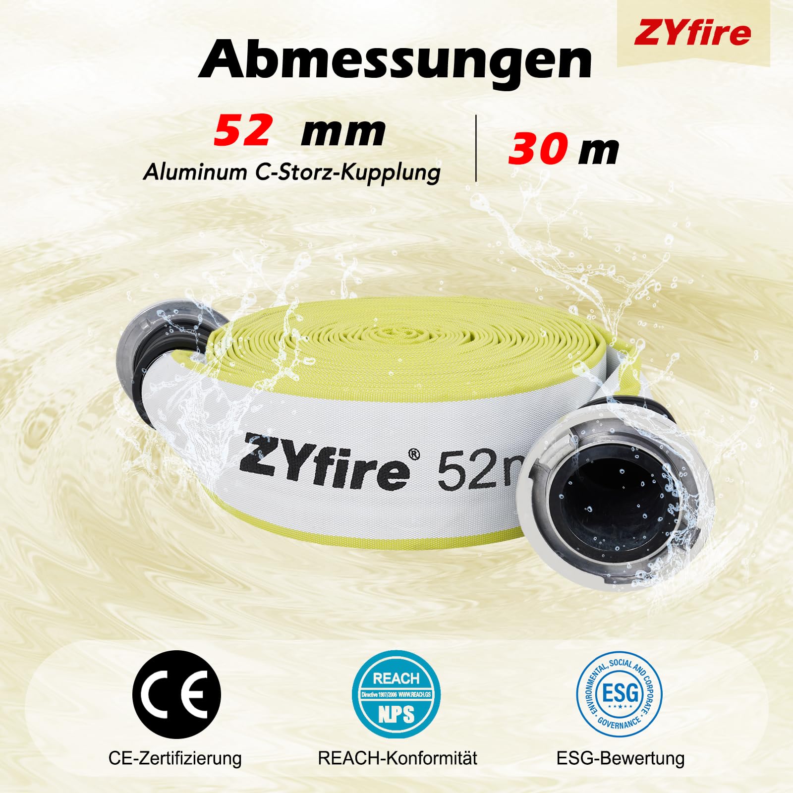 ZYfire Feuerwehrschlauch 52mm x 30m | 2 Zoll Schlauch mit C-Storz Kupplung | Flexibler Wasserschlauch für Industrie Gebäude, 10 Bar Betriebsdruck, -25°C~+60°C, Korrosions- & Abriebfest, Flach Aufrollbar