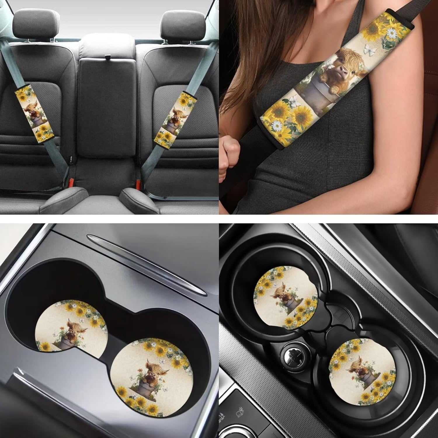 INSTANTARTS Highland Cow Sunflower 13 Pieces Seat Cover Set Car Front Seat Cover + Seat Belt Cover + Steering Wheel Cover + Keychain + Coaster + Lipstick Cover Universal Car Accessories