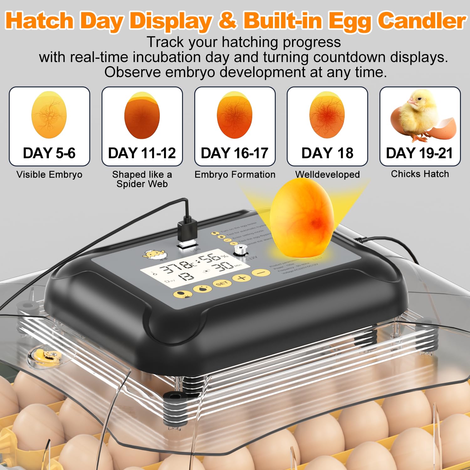 2026 Incubatrice per uova da cova con rotazione automatica delle uova, 63 incubatrice di pollo, Display di temperatura e umidità, giorno della schiusa, Candele per uova, Ricarica automatica dell'acqua