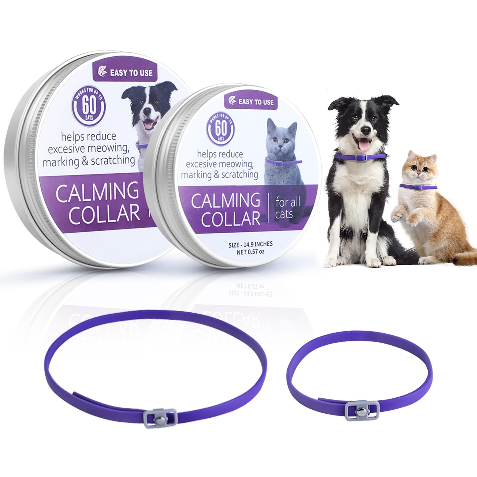 2Pcs Calming Collar for Dogs and Cats, Pheromone Calm Collars Relief Anxiety Stress Separation Lasts 60 Days, Suitable for Small Medium and Large Pets (Purple, 15&24.4 Inches)