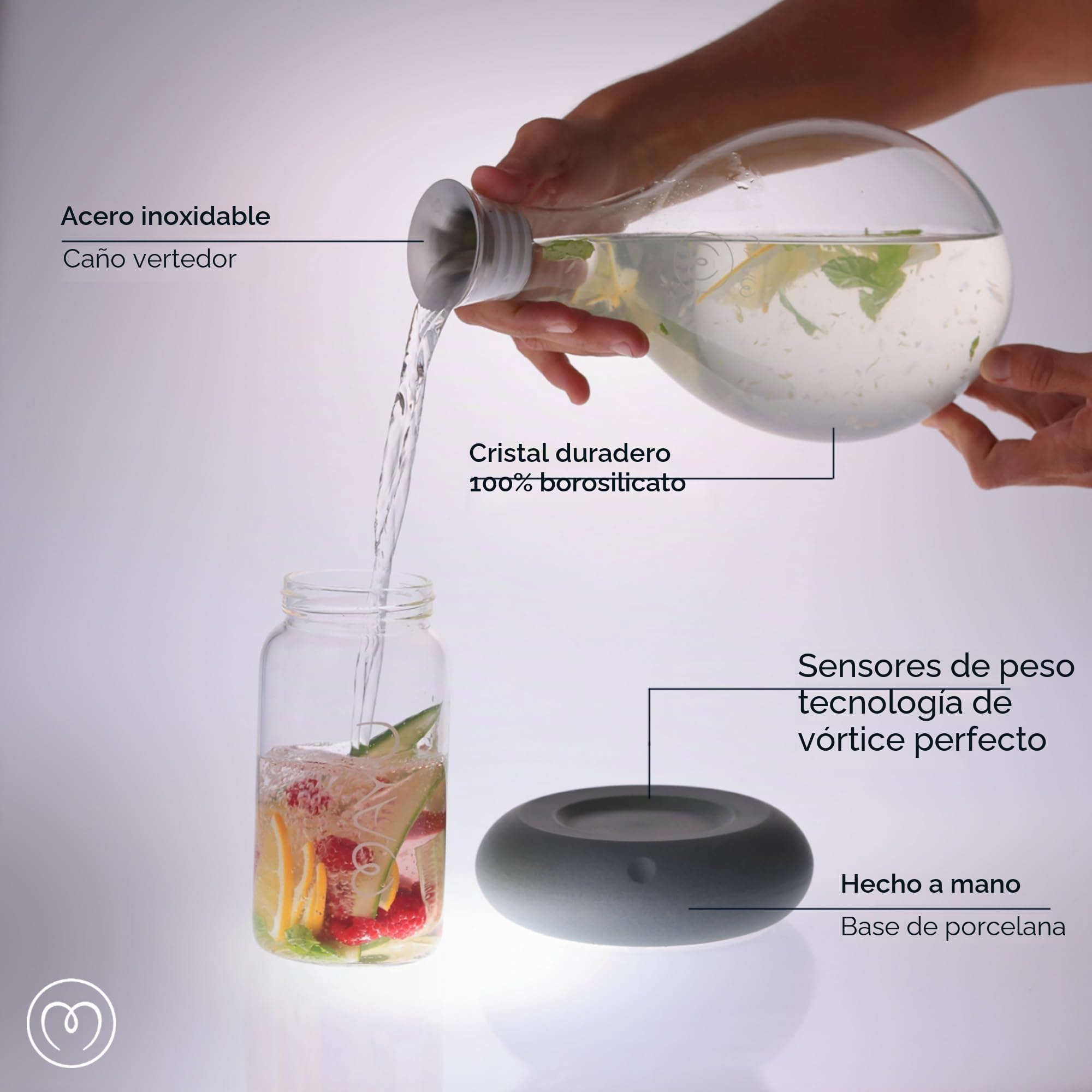 MAYU Jarra de agua estructurada Swirl – Jarra de vidrio soplado a mano de 1.5 litros – Soporte dispensador con innovadora tecnología Vortex – Ideal para usuarios de filtro de ósmosis inversa | 51