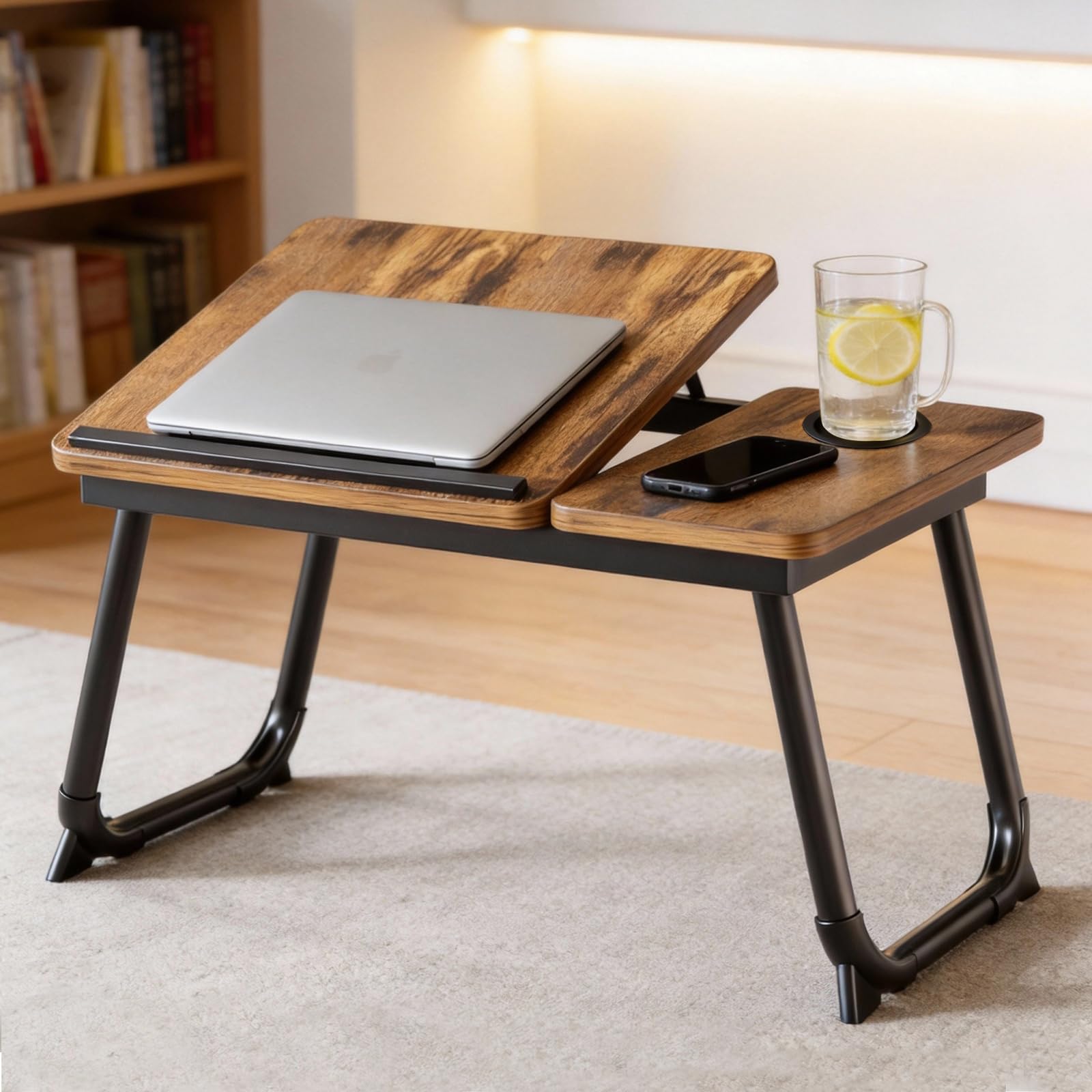 Table pliable pour ordinateur portable avec porte-gobelet pour lit et canapé - Marron