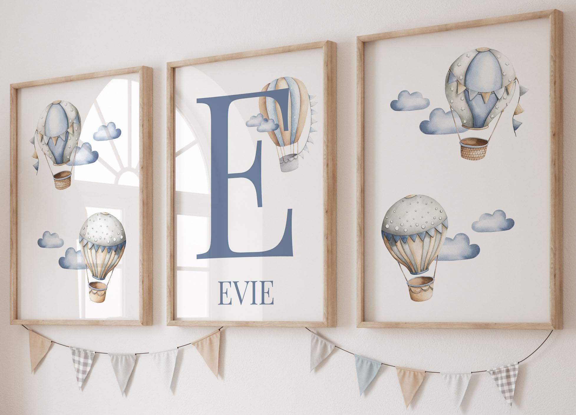 Personalised Hot Air Balloon Set of 3 Unframed Poster Prints For Baby Boy Girl Nursery Bedroom Playroom, Unisex Neutral Wall Art, Whimsical Theme Room Decor, Grey Blue Brown, Gift Present (A4)
