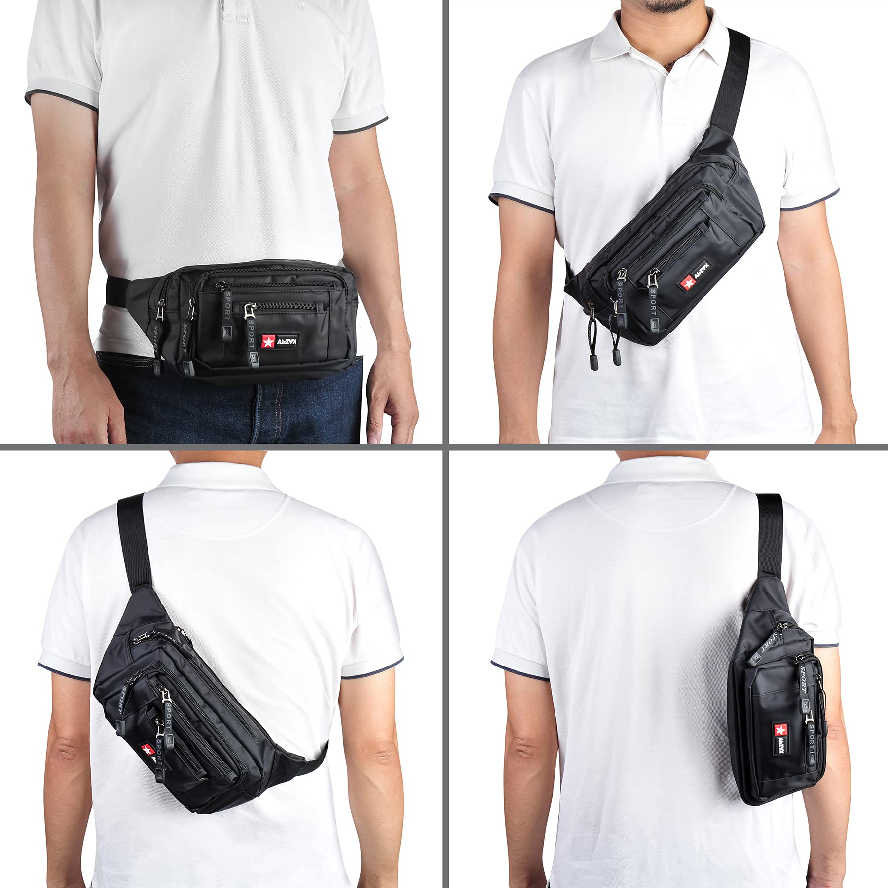 Marsupio Uomo Donna Impermeabile Sportivo con 6 Tasche per Corsa Campeggio Viaggio (Nero)