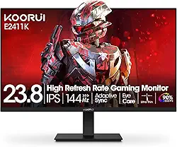 KOORUI Monitor de jogos de computador de 24 polegadas Full HD 1920 x 1080p 144Hz IPS tela ultrafina com HDMI VGA, sincronização adaptável, 99% SRGB, VESA 100 x 100 mm, cuidados com os olhos