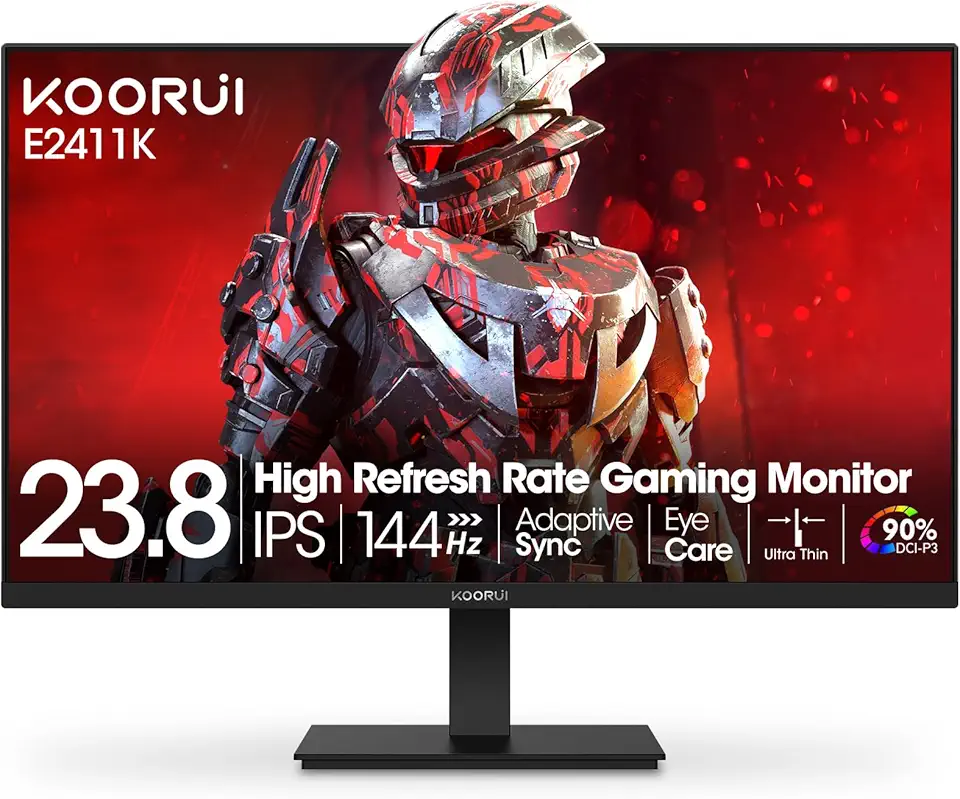 KOORUI Monitor de jogos de computador de 24 polegadas Full HD 1920 x 1080p 144Hz IPS tela ultrafina com HDMI VGA, sincronização adaptável, 99% SRGB, VESA 100 x 100 mm, cuidados com os olhos