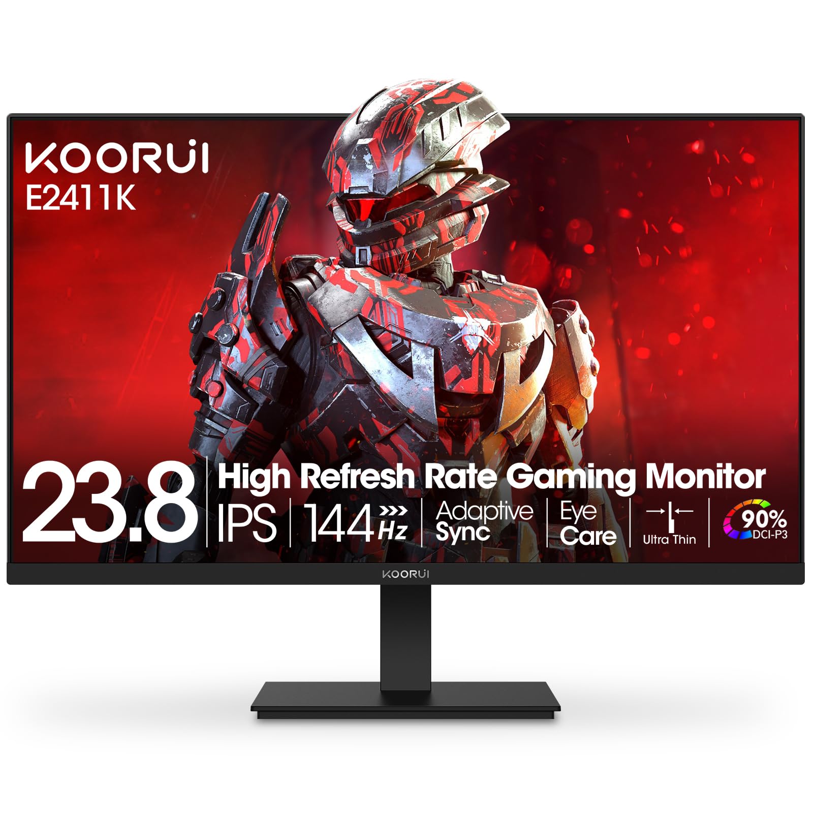 KOORUI 24 Inch Gaming Monitor 144Hz Full HD 1920 x 1080p IPS Ultra-Slim Display with HDMI VGA, Adaptive Sync, 99% SRGB, VESA 100x100mm, Eye Care, Tilt, Black, E2411K