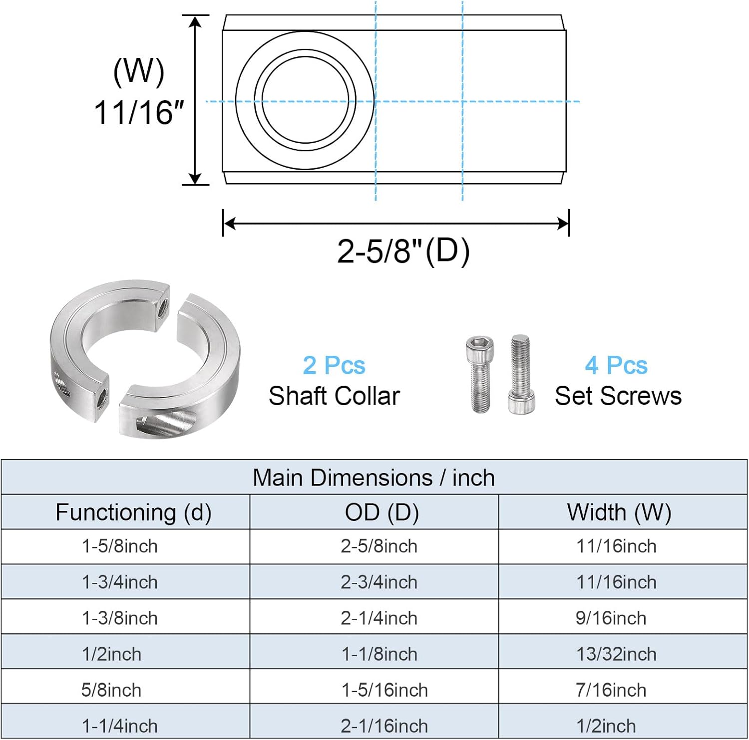 HARFINGTON 2pcs Shaft Collar for 1-5/8" Rod 2-5/8" OD 11/16" Width 304 Stainless Steel Double Split Axle Clamp-On Collar with Set Screw