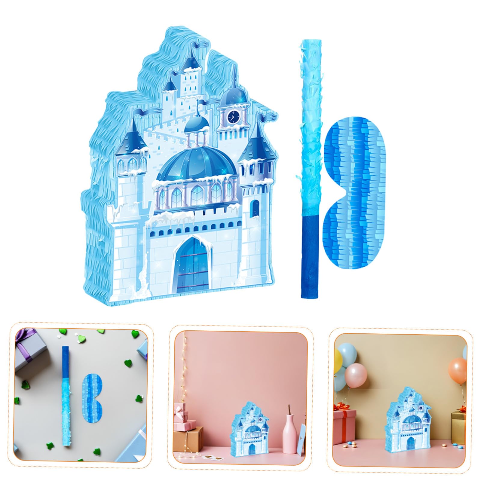 Winter Schloss Pinata mit Augenbinde und Schläger Hängende Weihnachts-dekoration Candy Holder für Kindergeburtstag Schloss Party Zubehör Blaue Eis