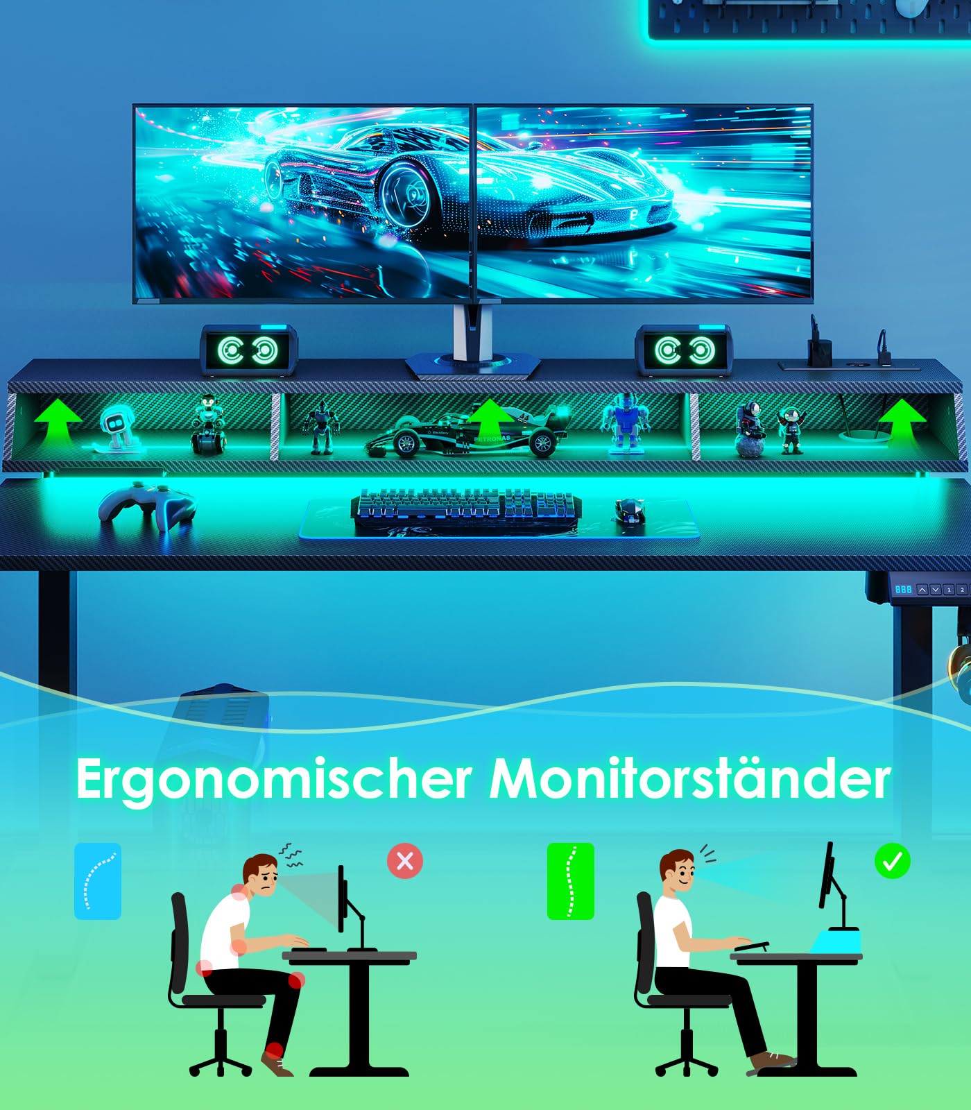 OffiGo Höhenverstellbarer Schreibtisch mit RGB LED 140×60 cm, Schwarz | Gaming Tisch mit RGB LED & Steckdosen, Elektrischer Schreibtisch mit 3 offene Ablagen, Computertisch für Home