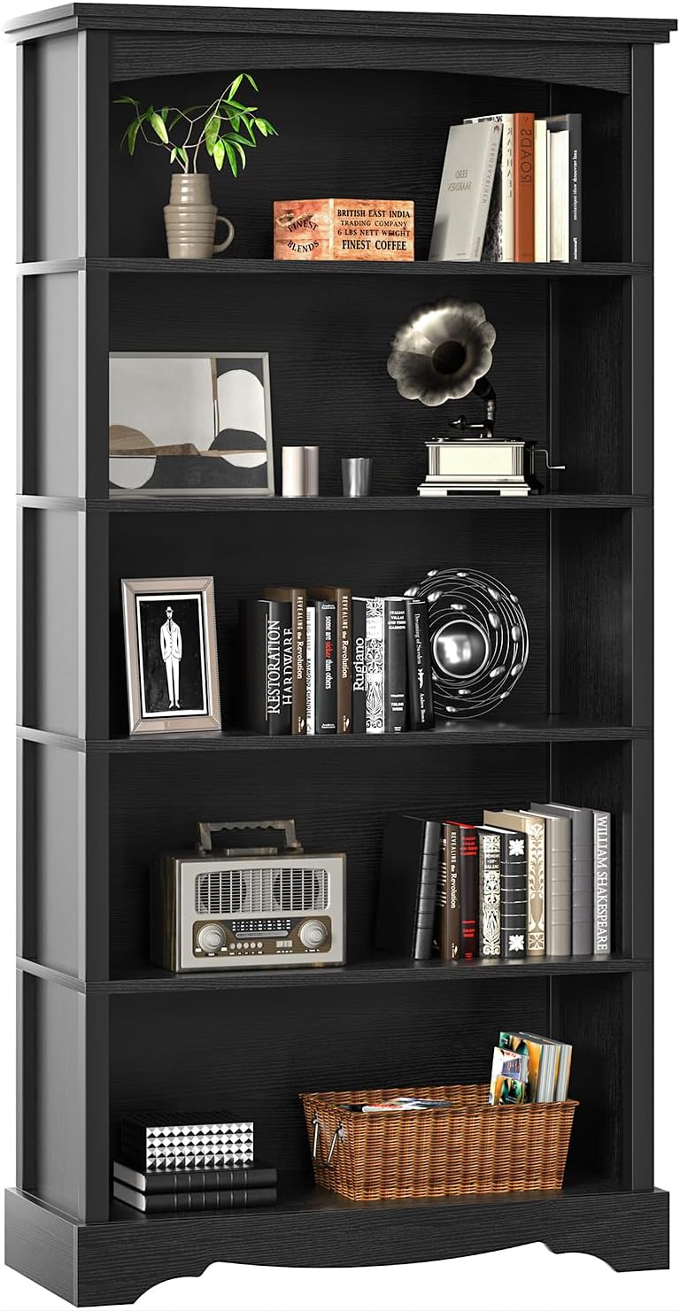 TVU 5-Tier Wooden Bookshelf, 65 Inch Tall Bookshelf with Storage, Floor Standing Modern Style Display Bookcase for Living Room, Office, Study Room, Entryway, Black Black 5 Tire