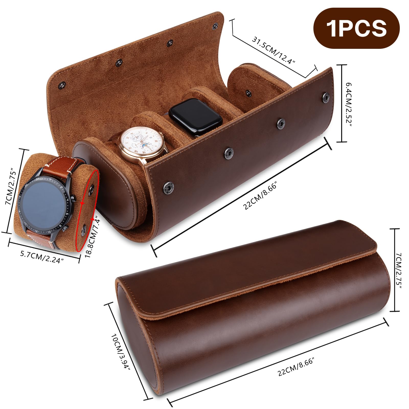 Caja de Reloj cilíndrica con 3 Ranuras, Estuche de viaje para reloj, Caja de Reloj Vintage para Hombres y Mujeres - Versión mejorada Marrón