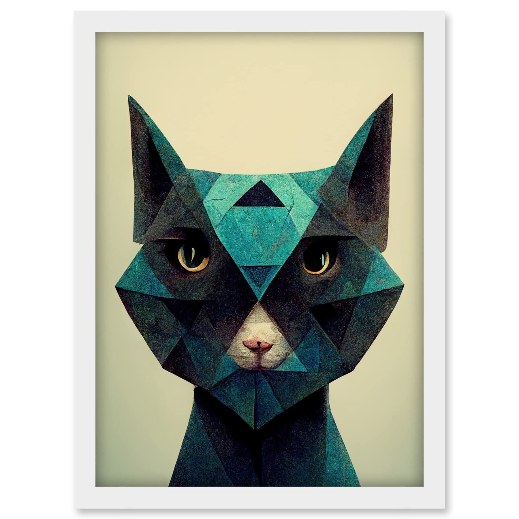 Doppelganger33 LTD Fun Geometric Teal Cat Artwork Framed A3 Wall Art Print