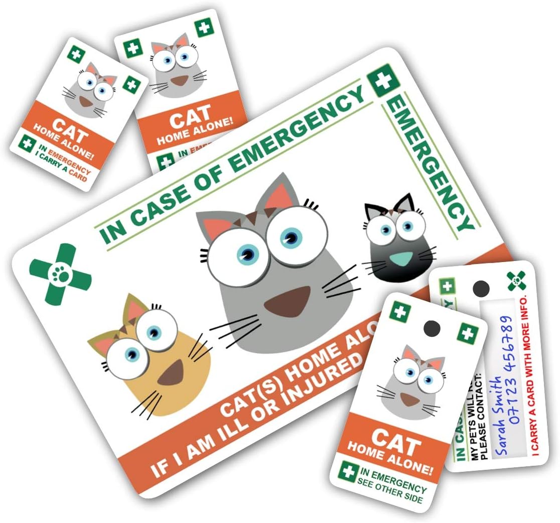 CAT Home Alone PREMIUM Card Pack - Wallet size card with WRITABLE reverse for Contact Details of Friends, Family or Neighbours who will look after you pets if you are ill or injured