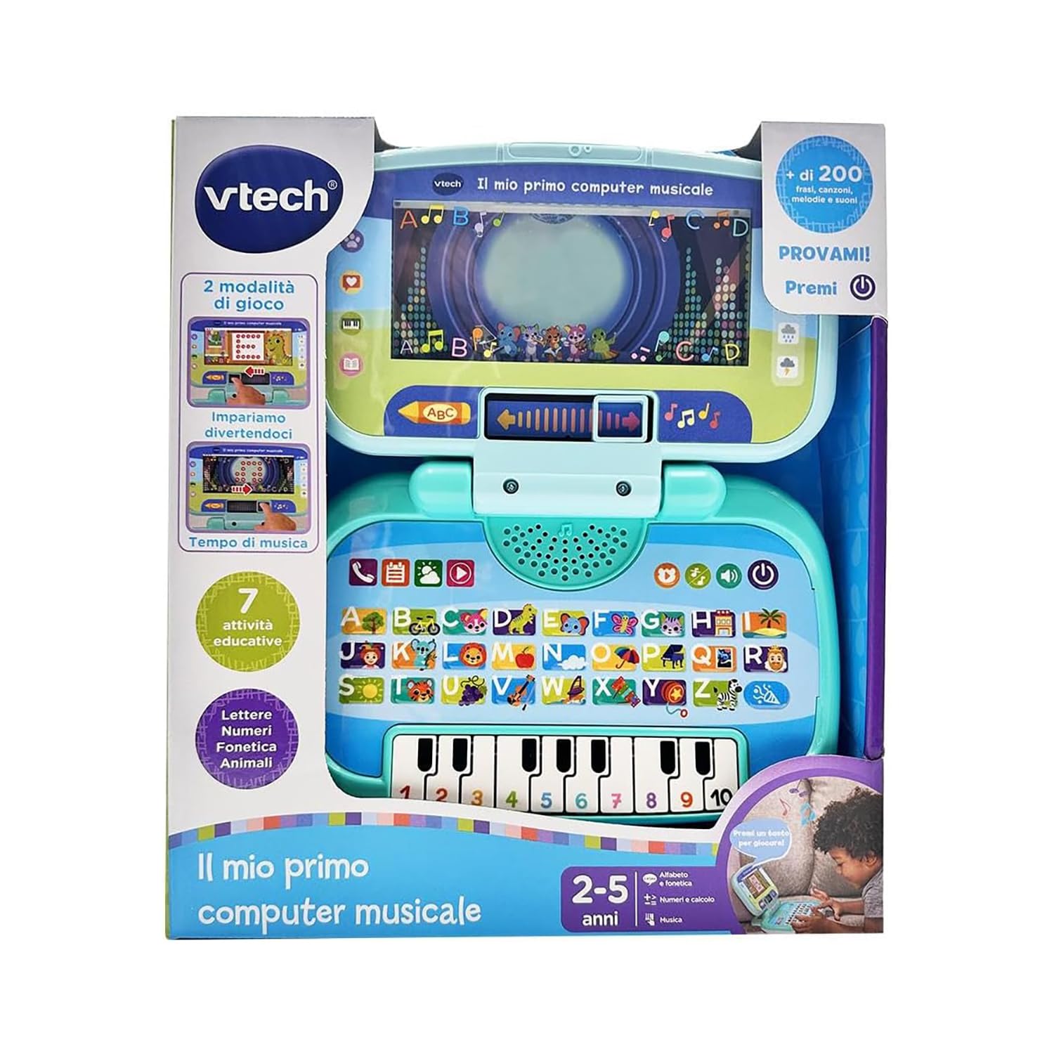 VTech Mój pierwszy komputer muzyczny, interaktywny komputer dla dzieci, komputer z 4 aplikacjami/grami, praktyczny uchwyt, gra dla dzieci z klawiaturą ABC, język włoski, baterie w zestawie, 2-5 lat