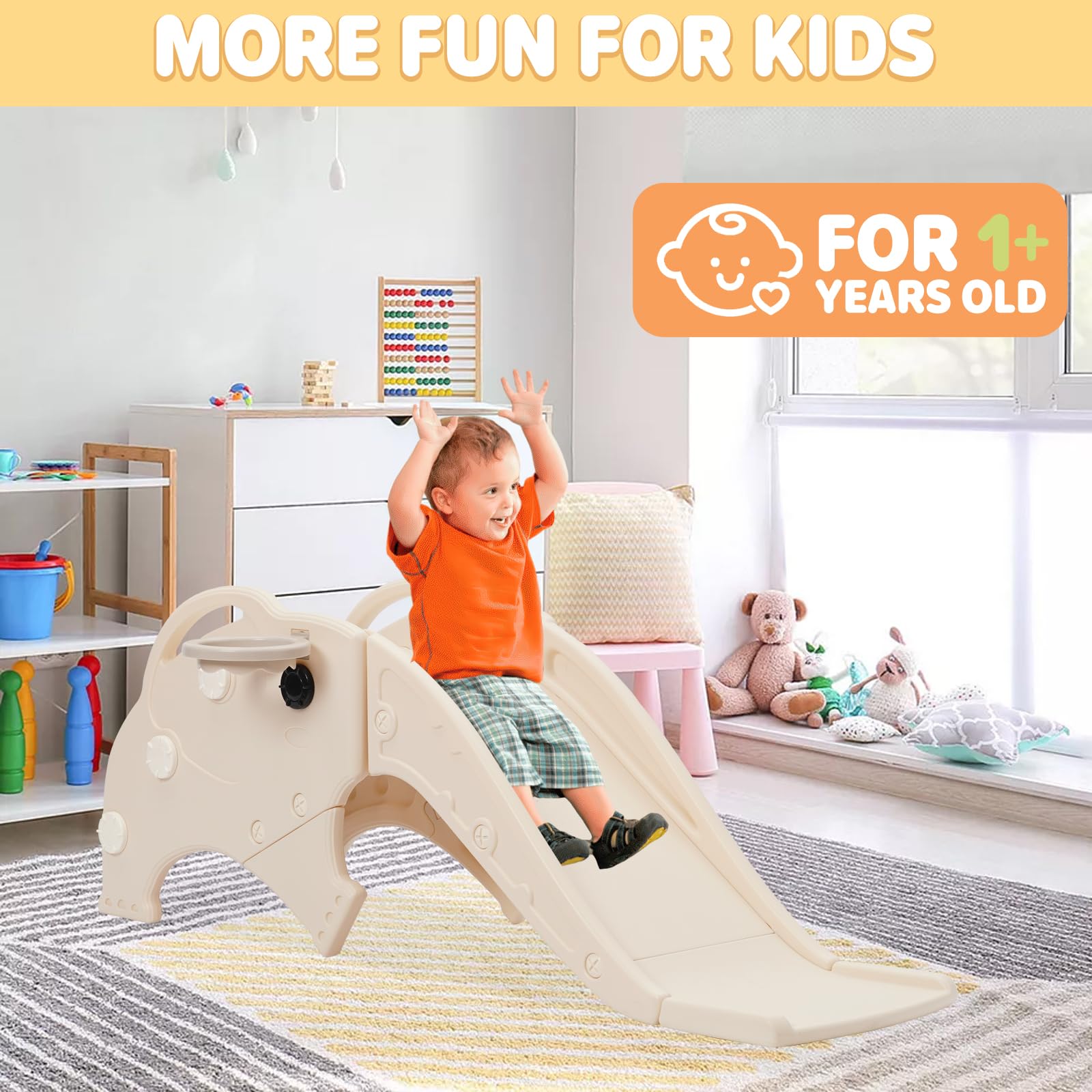 3 en 1 Toboggan pour Enfants, Toboggan avec Panier de Basketball & Ballon, Jeu d'Extérieur et l'Intérieur pour bébé
