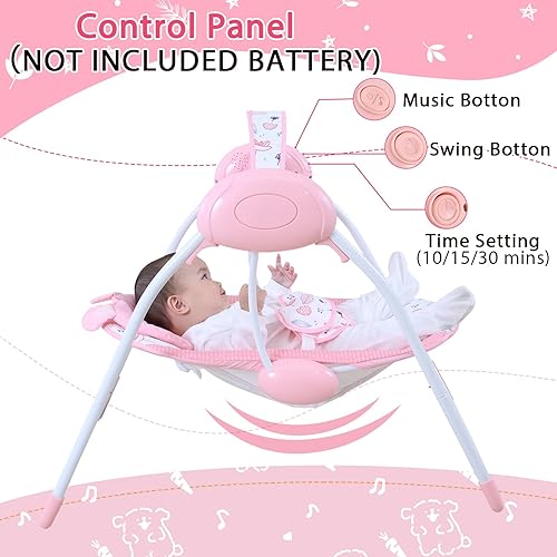 Miniatura 4 de Columpio para bebé niña, columpio para recién nacido con música, 5 niveles de velocidad, ajuste de tiempo, cojín suave, columpio plegable rosa para